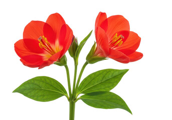 Obraz premium Vibrant red alstroemeria flowers with green leaves isolated on transparent background for floral design