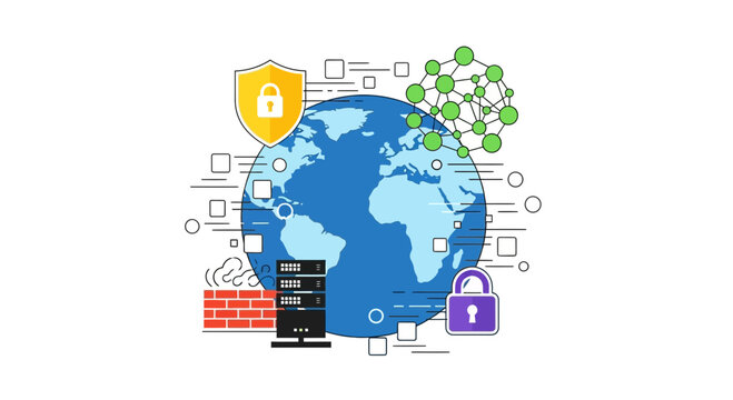 Cybersecurity Concept: Global Network Protection, Firewall, Server, Lock