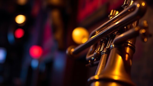 A brass trumpet in a dimly lit bar, warm spotlight on its texture and reflections.