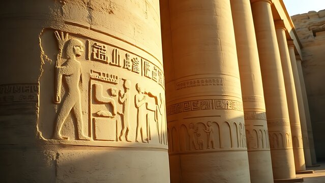 A massive sandstone column with detailed hieroglyphic carvings.