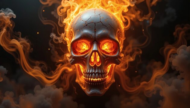 Burning skull surrounded by smoke and flames