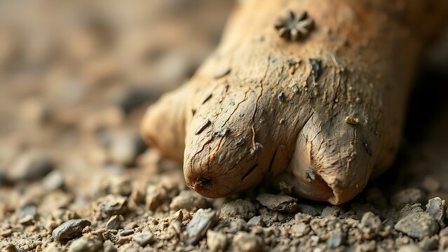 Close-up of a kava plant root with rough textured surface and fresh soil in natural earthy tones.