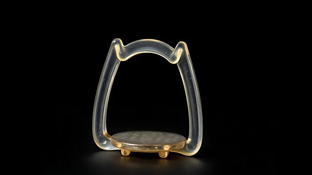 Magnified stapes model shaped like a stirrup, isolated on black with sharp focus.
