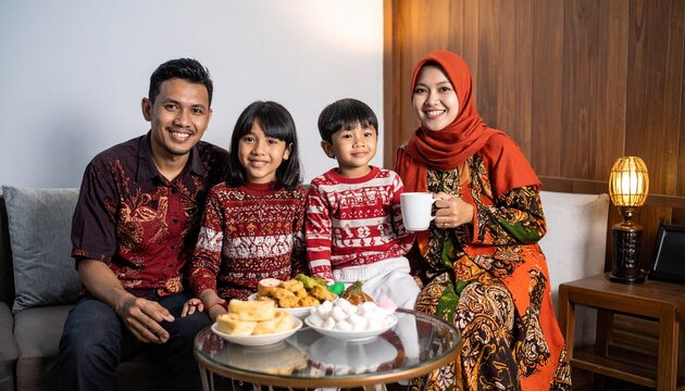 Smiling Indonesian family in traditional attire with snacks