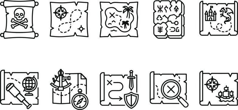 Pirate treasure map icons set