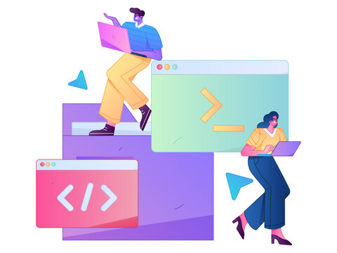 Programming teaching development flat character vector concept operation hand drawn illustration
