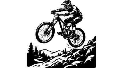 Obraz premium Mountain biker performs aerial stunt on sepeda bike down rocky trail