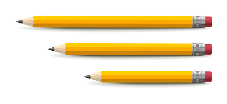 Set of realistic pencils with erasers in different lengths. Classic stationery collection isolated on white background for school, office and creative projects.