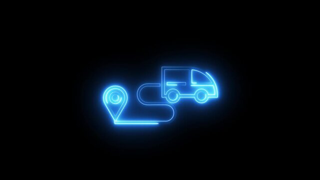 Blue neon delivery van icon with map location pin animation on black background.