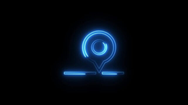 Blue neon location pin animation on black background, dynamic map marker motion.