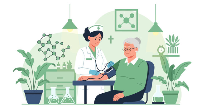 Nurse checking elderly mans blood pressure in a clinic setting.