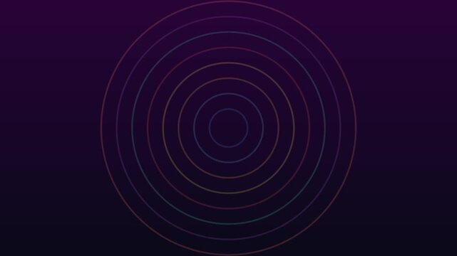 Abstract neon concentric circles motion background, pulsing colorful rings on dark gradient, digital technology loop