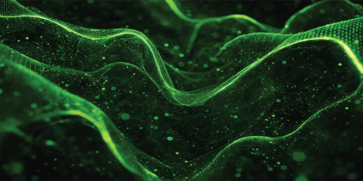 Glowing green abstract fractal energy background with microscopic cells, electric lightning waves, seamless texture, blue accents, motion, power, smoke, water, bacteria and virus cell illustration wal