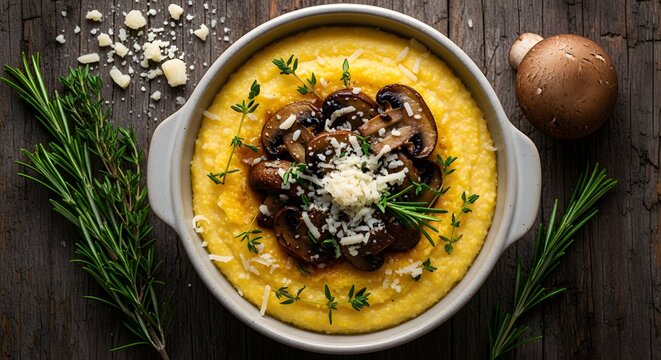 Polenta with saut?ed mushrooms and herbs on wooden background