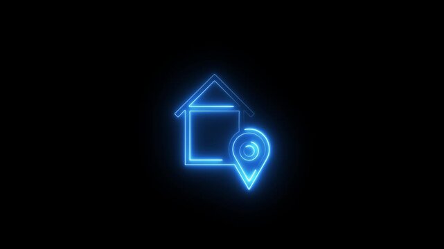 Real estate location icon glowing blue neon light line on black background motion video.
