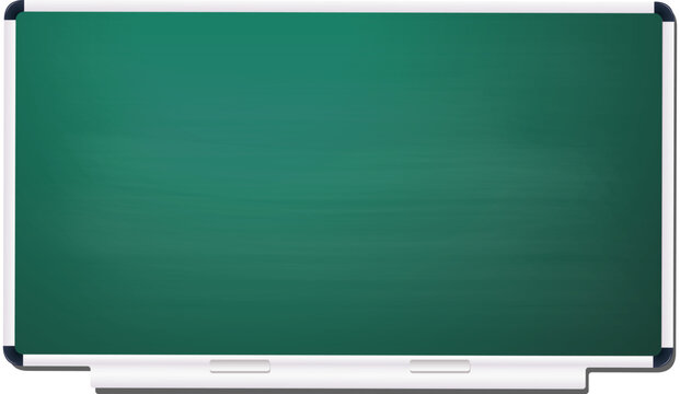 Modern green chalkboard with plastic frame and white chalk pieces. Clean classroom board with textured surface and empty space for educational layouts and school themes.