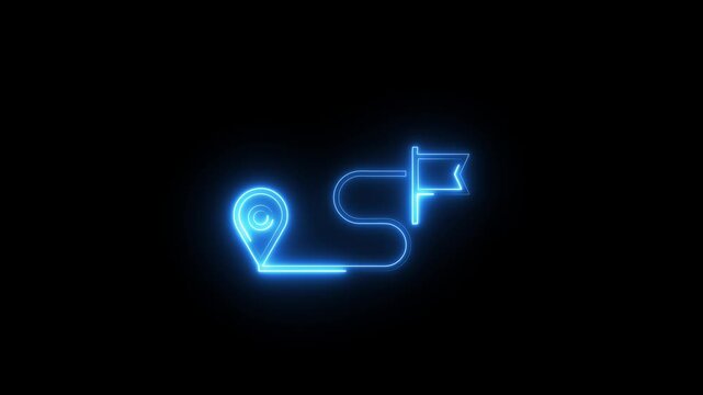Neon blue navigation path icon with map pin and destination flag for digital maps.