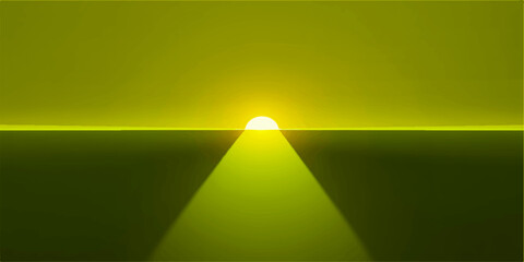 A striking yellow sun rises, casting a bright, luminous beam over a stark, silhouetted landscape, creating a dramatic scene of dawn. © nur