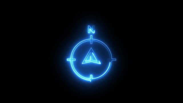 Neon blue compass icon pulsating with glowing light against dark background motion.