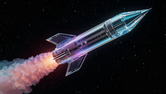 カラフルな色煙を噴射しながら星空へ飛び立つクリスタルロケット