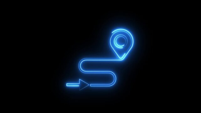 Neon blue location map route marker icon glowing in dynamic motion on black canvas.