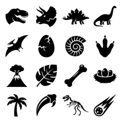 Collection of sixteen black and white dinosaur and prehistoric including fossils, volcano, egg, footprint, and palm tree symbols © Mia1000