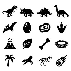 Sixteen black and white prehistoric and dinosaur themed featuring fossils, volcano, egg, footprint, skeleton, and palm tree symbols © Mia1000
