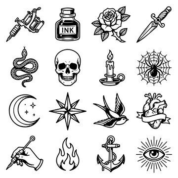 Collection of classic old school tattoo flash featuring a skull, rose, dagger, anchor, swallow, and various mystical symbols in black