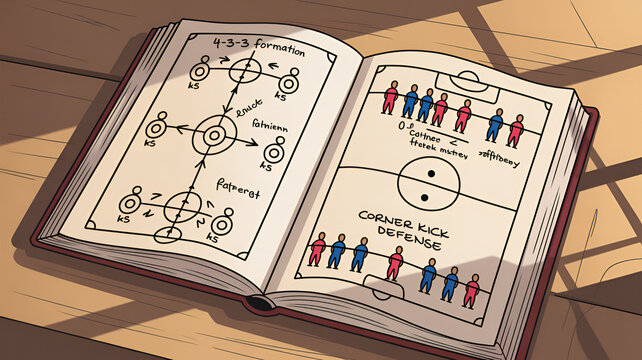 Open soccer playbook with formations and strategies on a wooden table in natural light