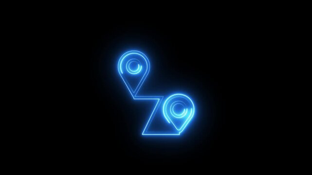 Neon blue map pin marker line connecting two travel destination points in animation.