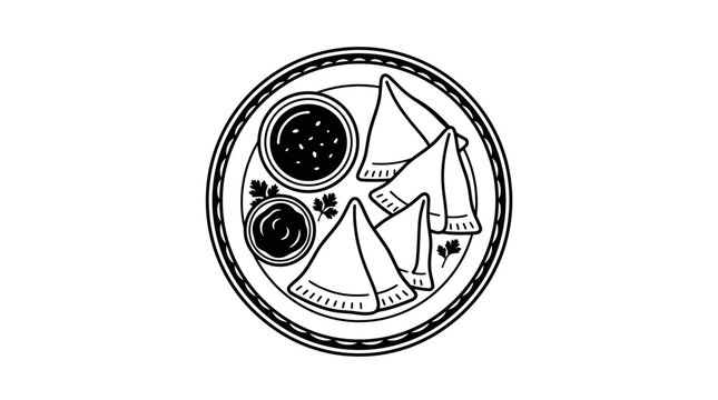 Hand drawn illustration of a plate with samosas and dipping sauces.