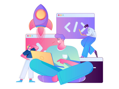 Programming teaching development flat character vector concept operation hand drawn illustration
