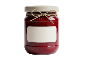 Obraz premium Glass jar filled with raspberry jam and blank label isolated on transparent background for food branding