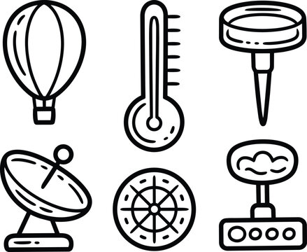 Minimalist icons set including a hot air balloon, thermometer, anchor, satellite dish, compass rose, and radio in a drawing style and travel in outlin