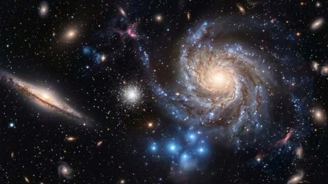 Breathtaking deep space scene featuring a majestic spiral galaxy, an edge-on galaxy, glowing star clusters and colorful nebulae in a vast starry universe, 3d render