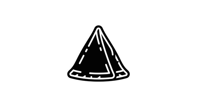 A simple black and white line art illustration of a delicious triangular samosa snack.