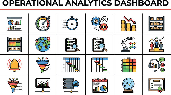 Operational analytics dashboard icons collection for corporate business data visualization erp logisitics supply chain management strategy linear vector