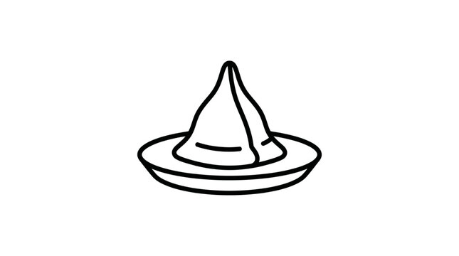 A simple black and white line art illustration of a single samosa served on a small plate.