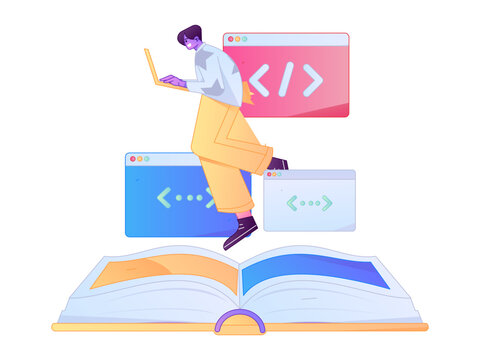 Programming teaching development flat character vector concept operation hand drawn illustration
