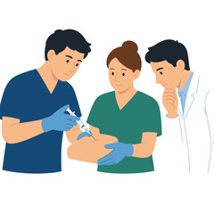 Obraz premium Medical professionals performing a vaccination procedure on a patient arm.