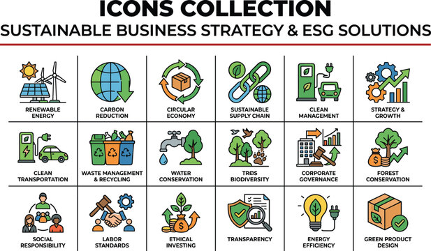Sustainable business strategy and corporate esg solutions vector icon set featuring renewable energy circular economy and green growth concepts