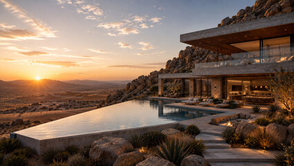 Obraz premium Ultra Luxury Desert Cliffside Mansion with Infinity Pool at Sunset, Modern Architectural Masterpiece, Exclusive High End Real Estate and Resort Style Living