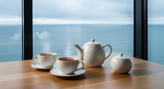 White ceramic tea set on wooden table with ocean view