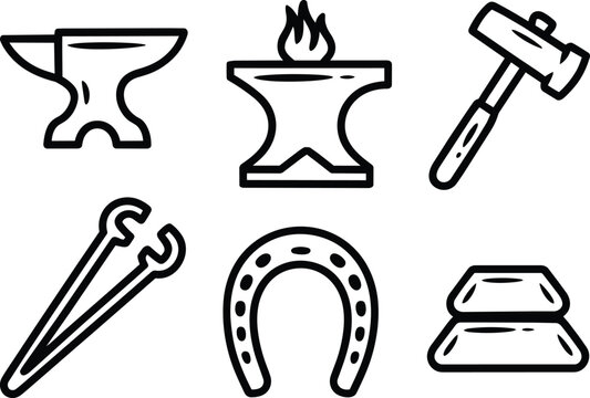 Blacksmith tools and equipment collection including anvils, hammer, horseshoe, and metal bars and tool, set, and graphic icons and bar and ore