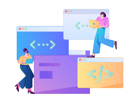 Programming teaching development flat character vector concept operation hand drawn illustration
