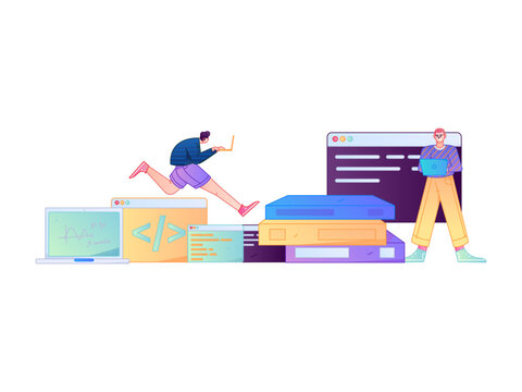 Programming teaching development flat character vector concept operation hand drawn illustration
