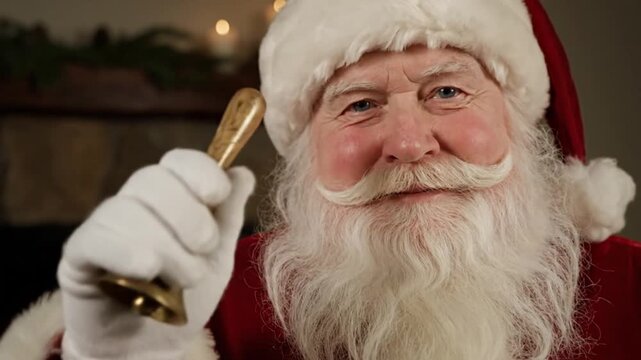 Jolly Santa Claus Rings a Festive Brass Bell, Spreading Holiday Cheer by a Cozy Fireplace, Ideal for Christmas Greetings