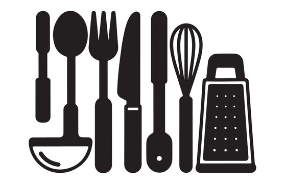 Cooking and eating utensil collection showing spatula ladle whisk knife and grater icon vector set.