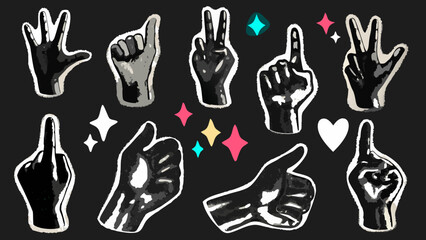 Fototapeta premium Illustrated hand signals with various gestures are depicted as a vector graphic on a dark background communication hands