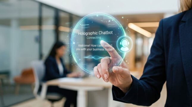 Businesswoman touching holographic chatbot interface in modern office. Digital assistant providing online customer support. Artificial intelligence automation and smart communication technology.